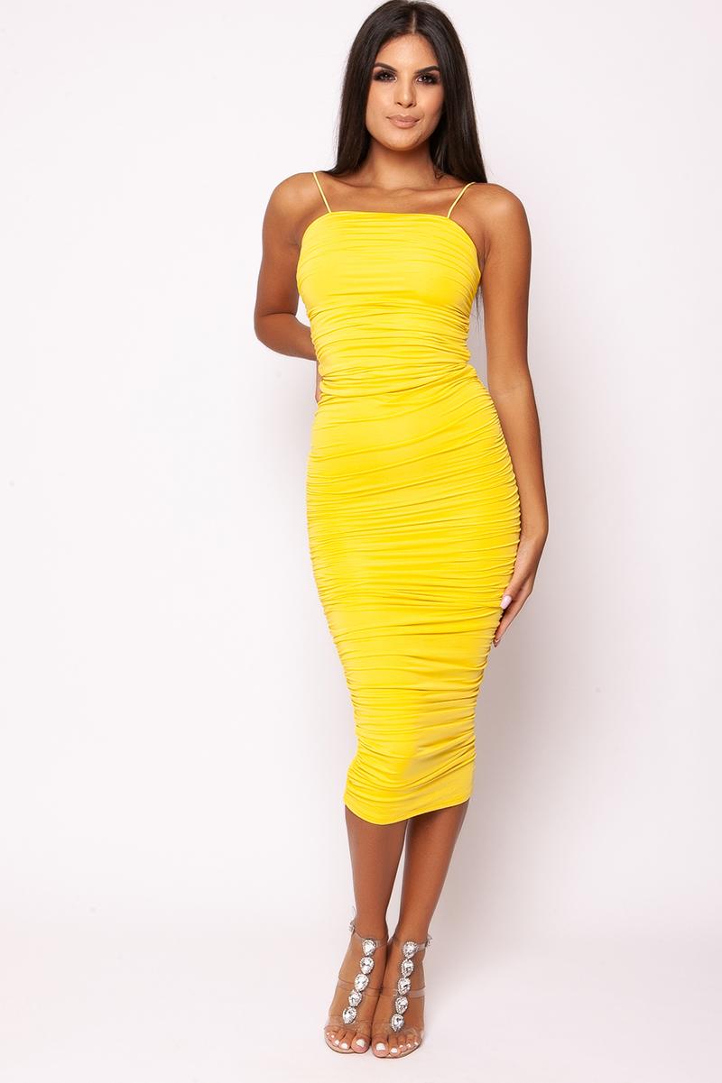 Gisella - Yellow Ruched Strappy Midi Dress, Midi Dresses
