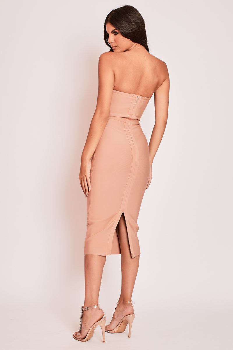 Poppie - Nude Embellished Strapless Bandage Midi Dress