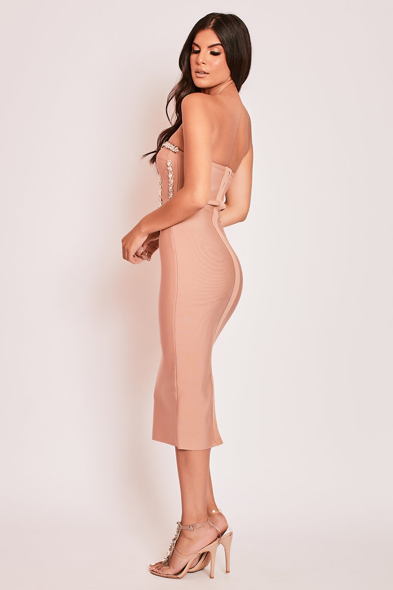 Poppie - Nude Embellished Strapless Bandage Midi Dress